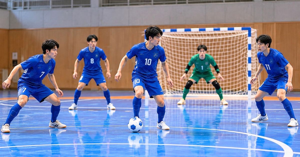 室内フットサルコートで5人の日本人選手が配置につき、ゴレイロを含む5人制の基本を表したイメージ