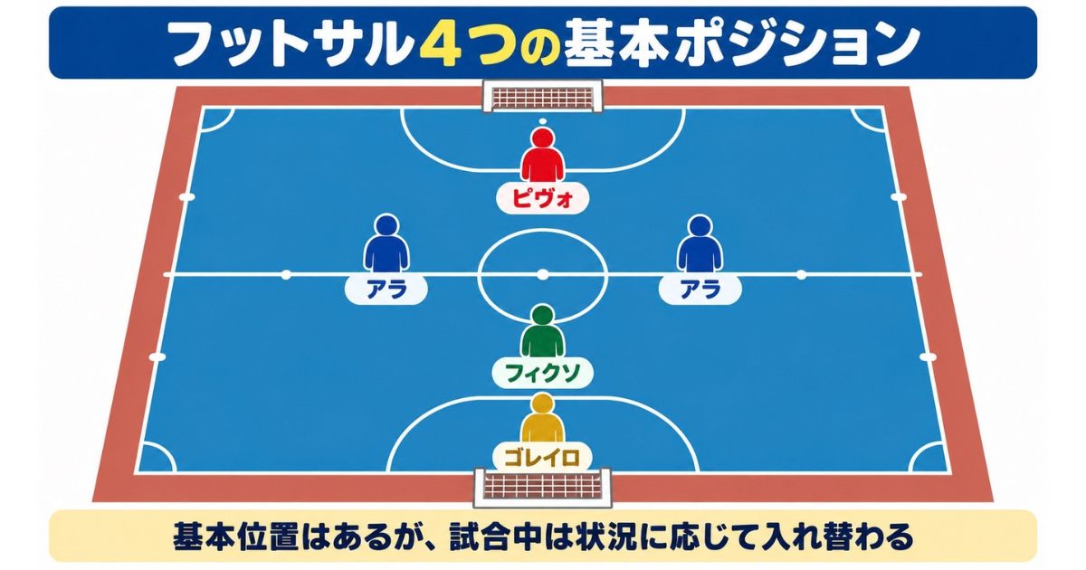 フットサルコート上にピヴォ、左右のアラ、フィクソ、ゴレイロを配置した4つの基本ポジション図