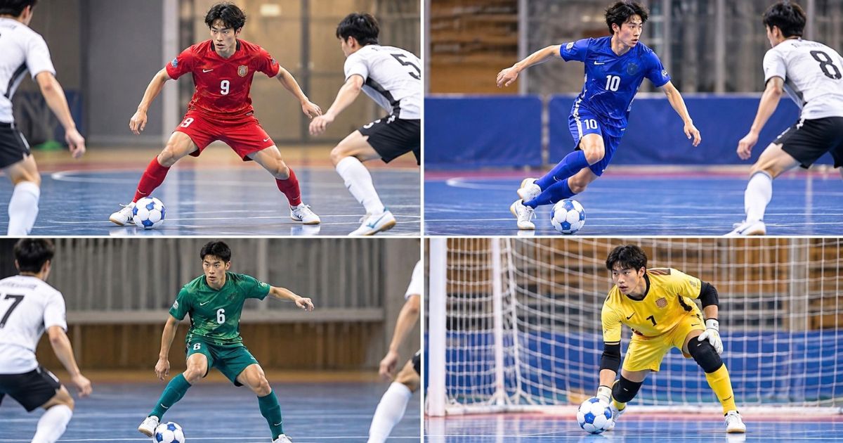 フットサルのピヴォ、アラ、フィクソ、ゴレイロとしてプレーする選手の4分割のプレーシーン