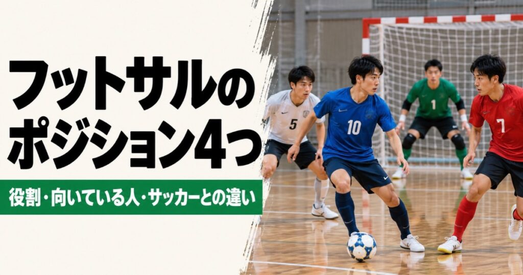 フットサルの4つのポジションを解説するアイキャッチ画像。室内コートで青い10番の選手がドリブルし、白い5番・赤い7番の選手と緑の1番のゴールキーパーがプレーする様子。各ポジションの役割や向いている人、サッカーとの違いを紹介している。
