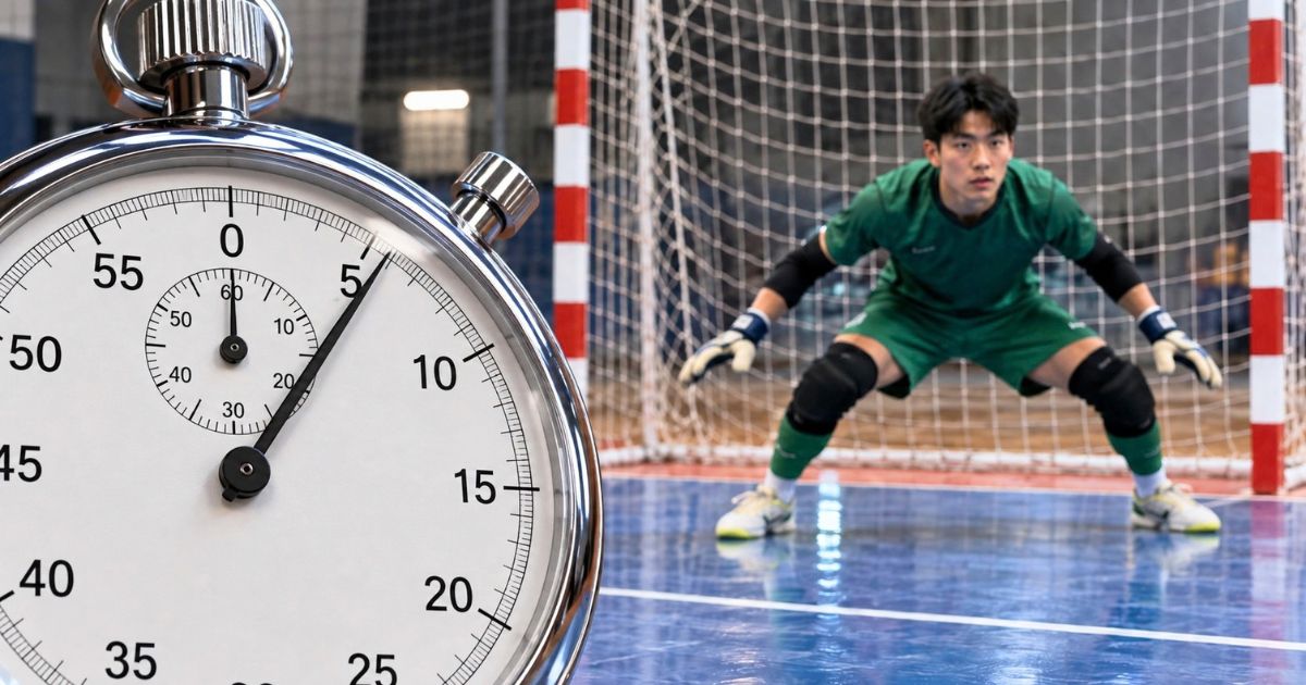 4秒を示すアナログストップウォッチとゴール前で構えるフットサルのゴレイロ