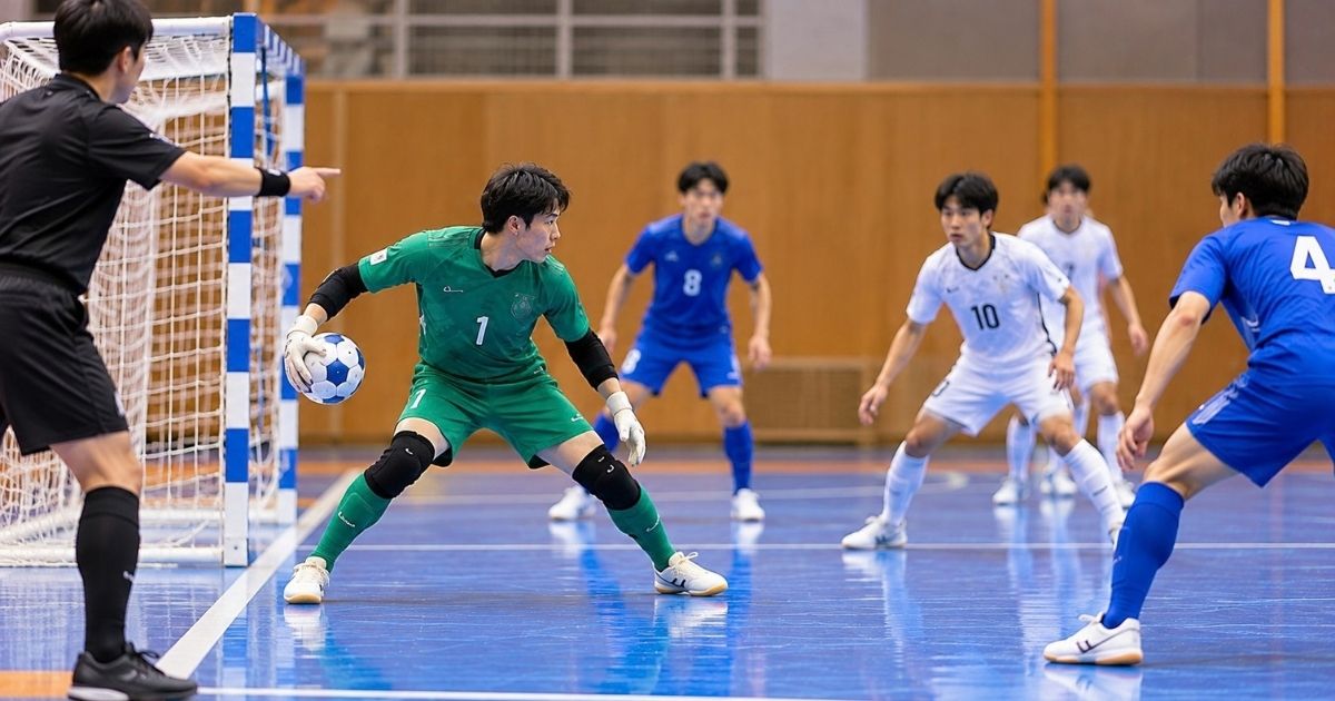 室内フットサルコートでボールを保持するゴレイロと、周囲の日本人選手や審判の様子