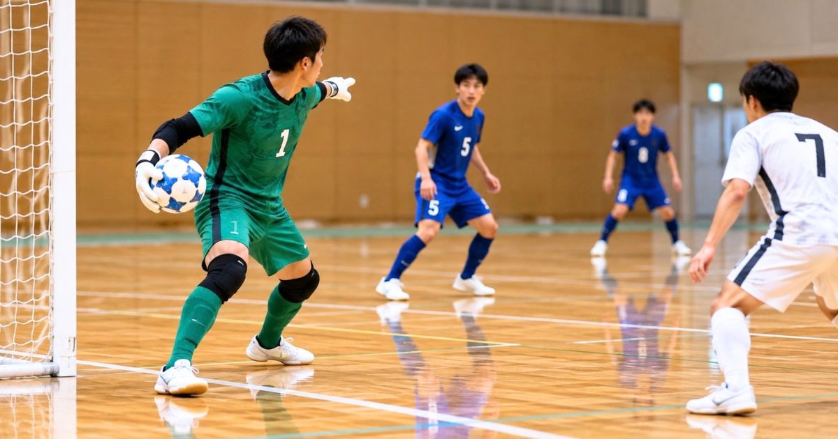 ゴレイロがボールを手に持ち、味方の位置を確認してプレー再開を判断するフットサルの場面
