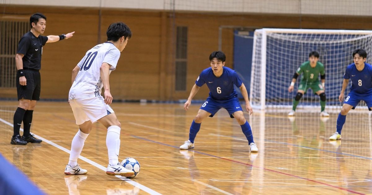 室内フットサルコートでキックインから試合を再開する日本人選手と、プレーを確認する審判の様子