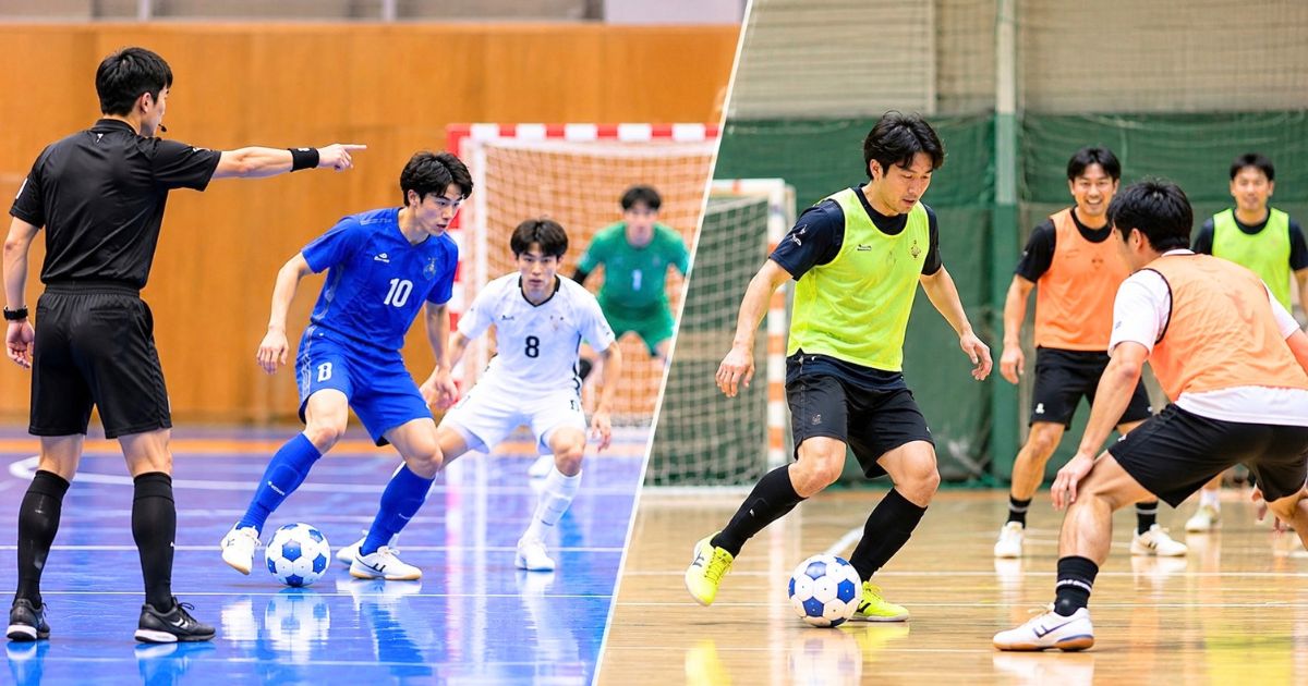公式フットサルの試合と個サルのプレーを左右に比較した、公式ルールとローカルルールの違いを表すイメージ
