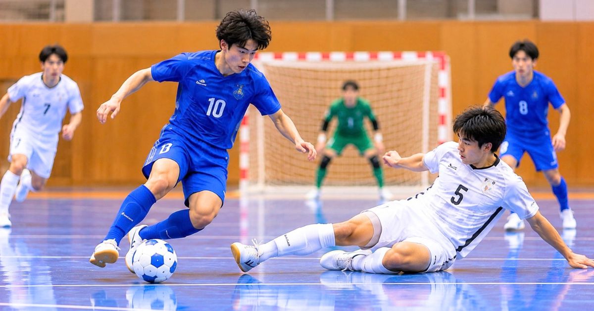 室内フットサルの試合で、青いユニフォームの選手に白いユニフォームの選手がスライディングで守備する場面