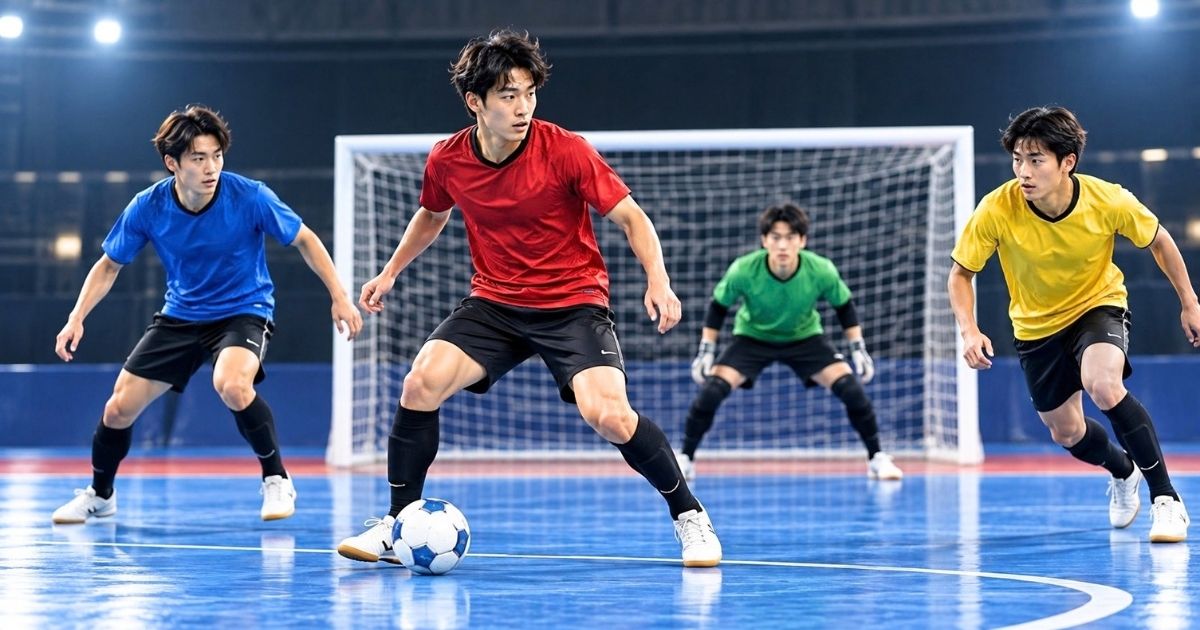 室内フットサルコートで4人のフィールドプレーヤーとゴールキーパーがプレーする様子