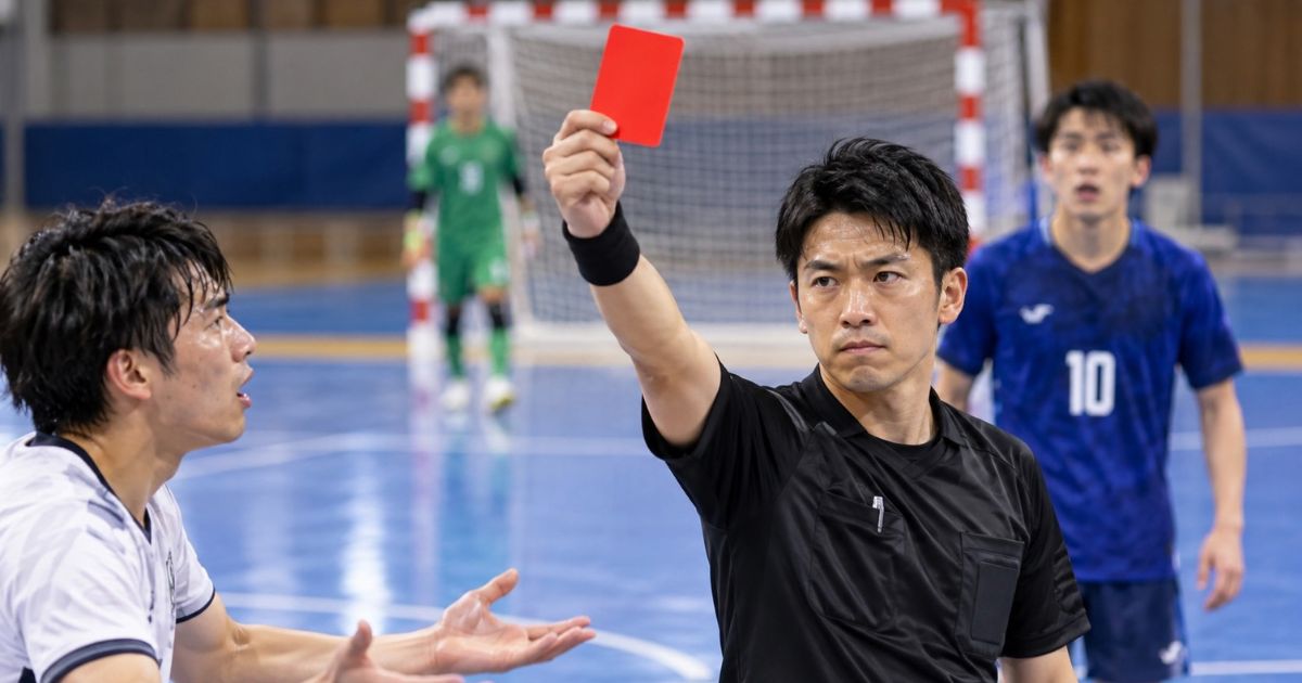 室内フットサルの試合で日本人審判が選手にレッドカードを提示する場面