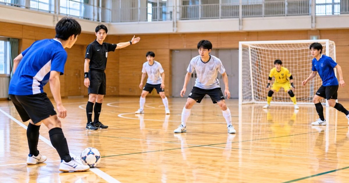 体育館のフットサルコートでキックインからプレーを再開する選手と、守備選手・ゴレイロ・審判の様子