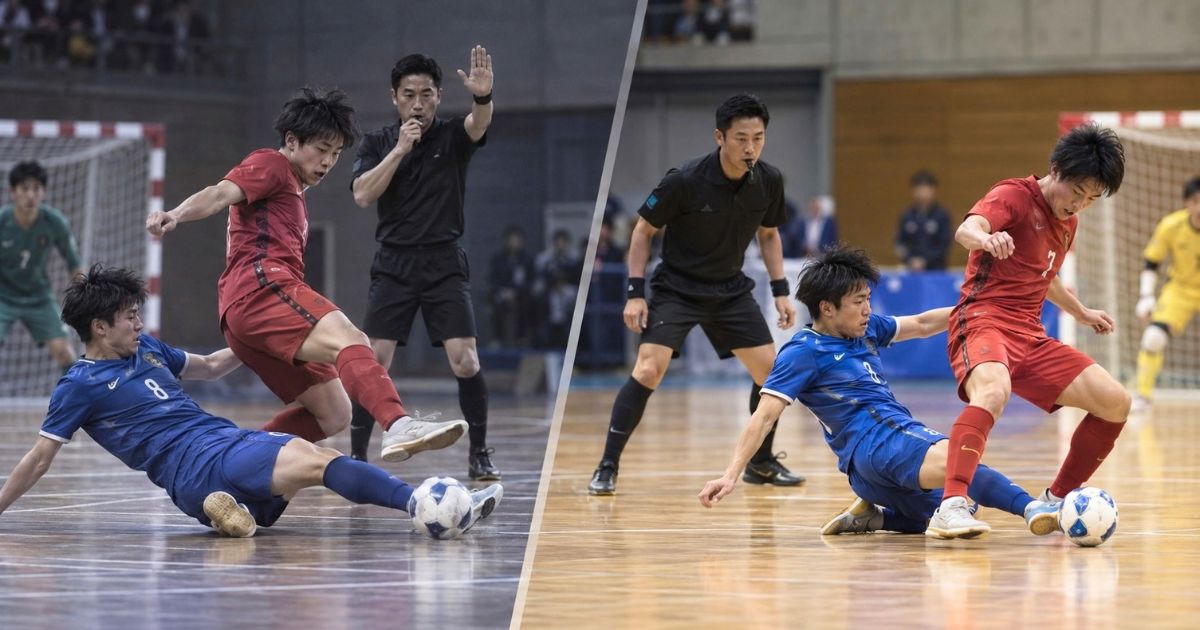 フットサルのスライディングタックルを審判が判定する場面を、旧ルールと現行ルールの違いをイメージして示した画像