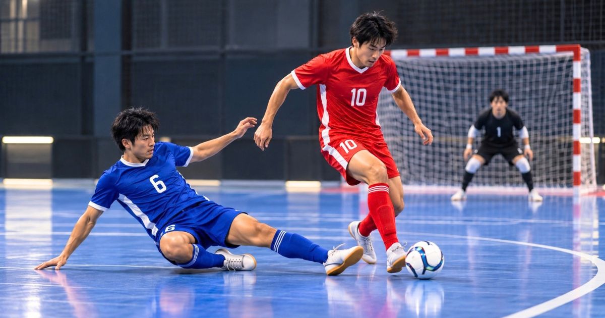 フットサルで赤の10番がドリブルする中、青の6番がスライディングでボールへ挑むプレー場面