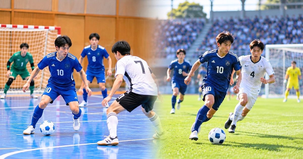 日本人選手がプレーする室内フットサルと芝生のサッカー試合を左右に比較したイメージ