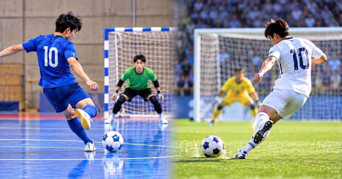 フットサルコートとサッカーコートで背番号10の選手がゴールへシュートする場面を左右に比較した画像