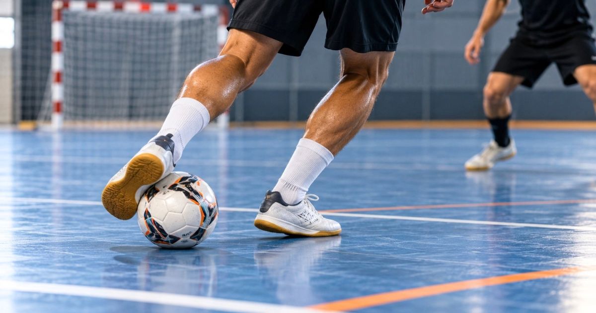 フットサルコートで選手がボールを足元でコントロールする様子とフットサルシューズの足元
