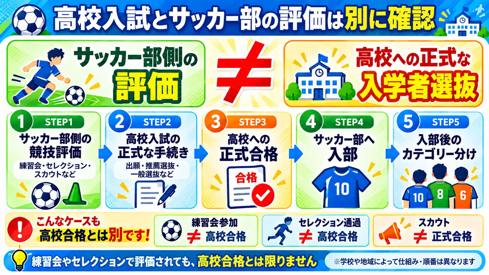 高校入試とサッカー部側の評価は別であることを示し、競技評価から入試手続き・正式合格・入部・カテゴリー分けまでの流れを整理した図解
