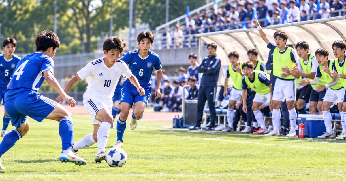 高校サッカーの試合でドリブルする選手を、ビブス姿の控え選手たちがベンチから声援を送る様子