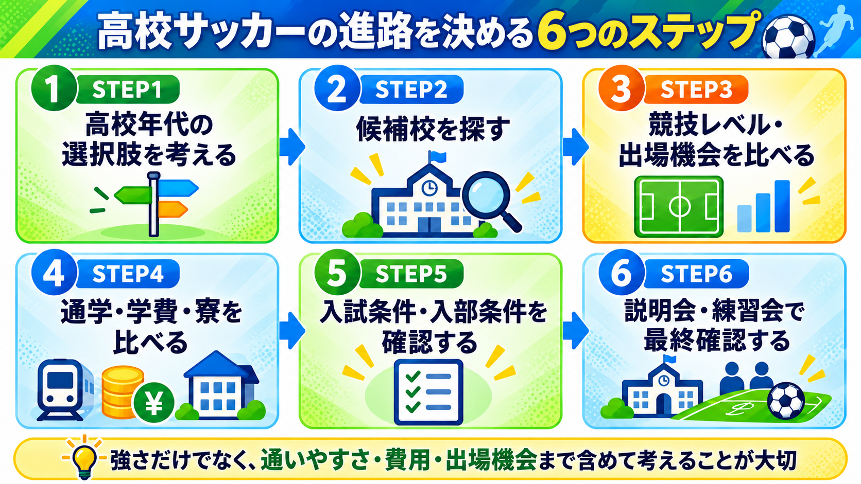 高校サッカーの進路を決める6つのステップを、候補校探し・競技レベル・通学や費用・入試条件・説明会まで順番に示した図解