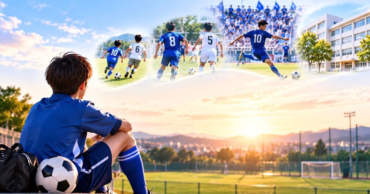 夕暮れのサッカーグラウンドで、高校進学後のプレーや学校生活を思い描きながら進路を考える中学生のイメージ
