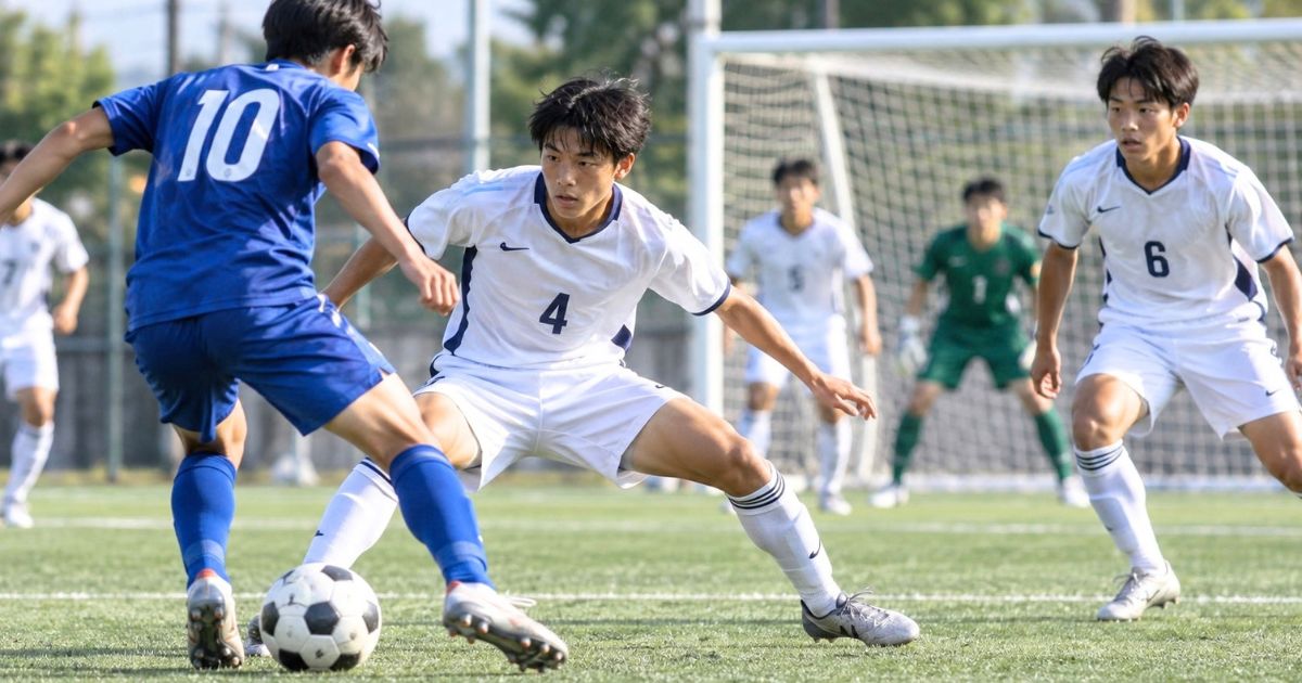 高校サッカーの試合で、白いユニフォームのDFが背番号10の相手選手に対してゴール前で守備をするプレーシーン
