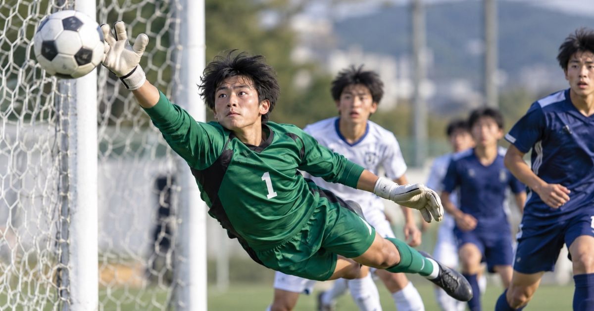 背番号1の高校サッカーGKがゴール前で横っ飛びし、シュートをセーブする試合シーン