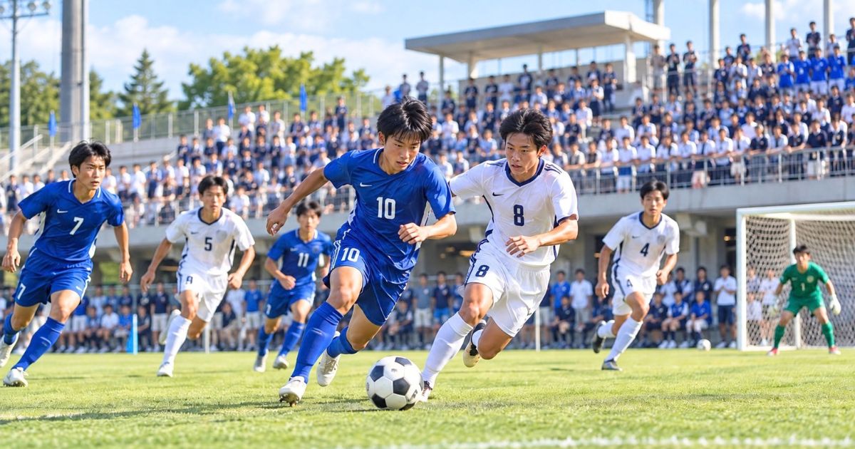 青と白のユニフォームを着た高校サッカー選手が、観客席の応援を背にゴール前で競り合う試合の様子