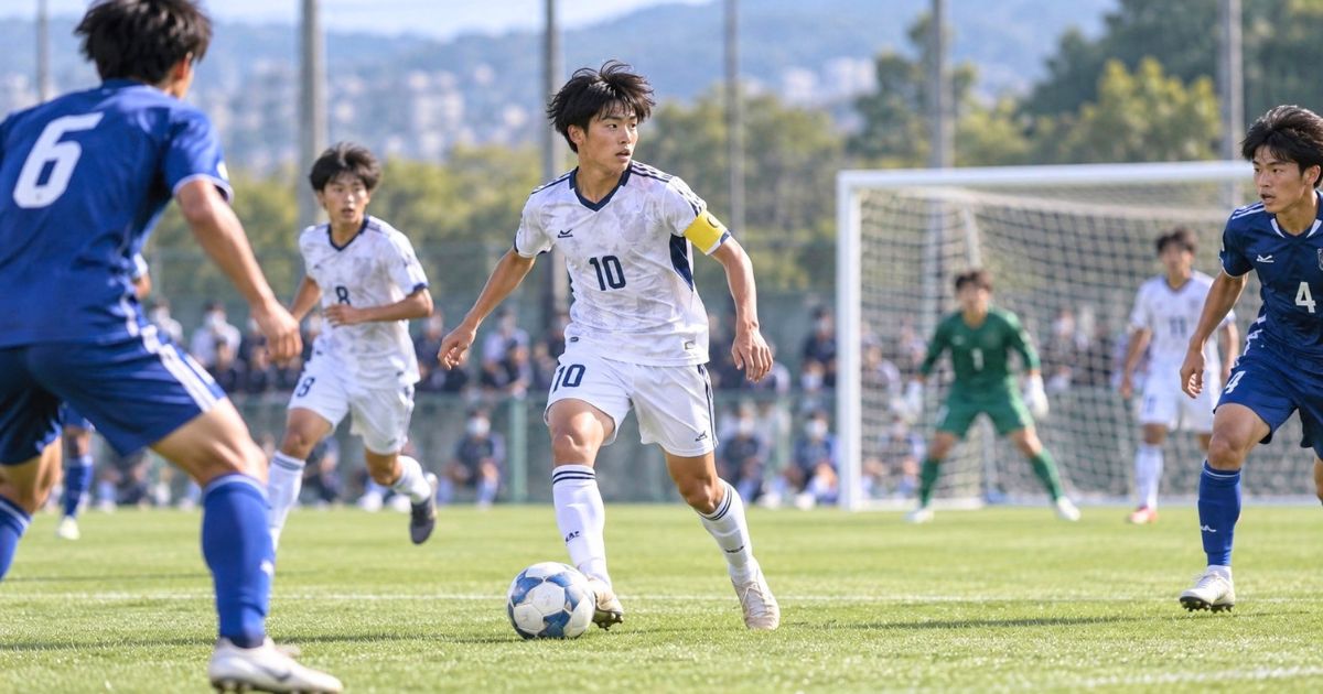 高校サッカーの試合で、背番号10のMFが中盤でボールを運びながら周囲を確認するプレーシーン