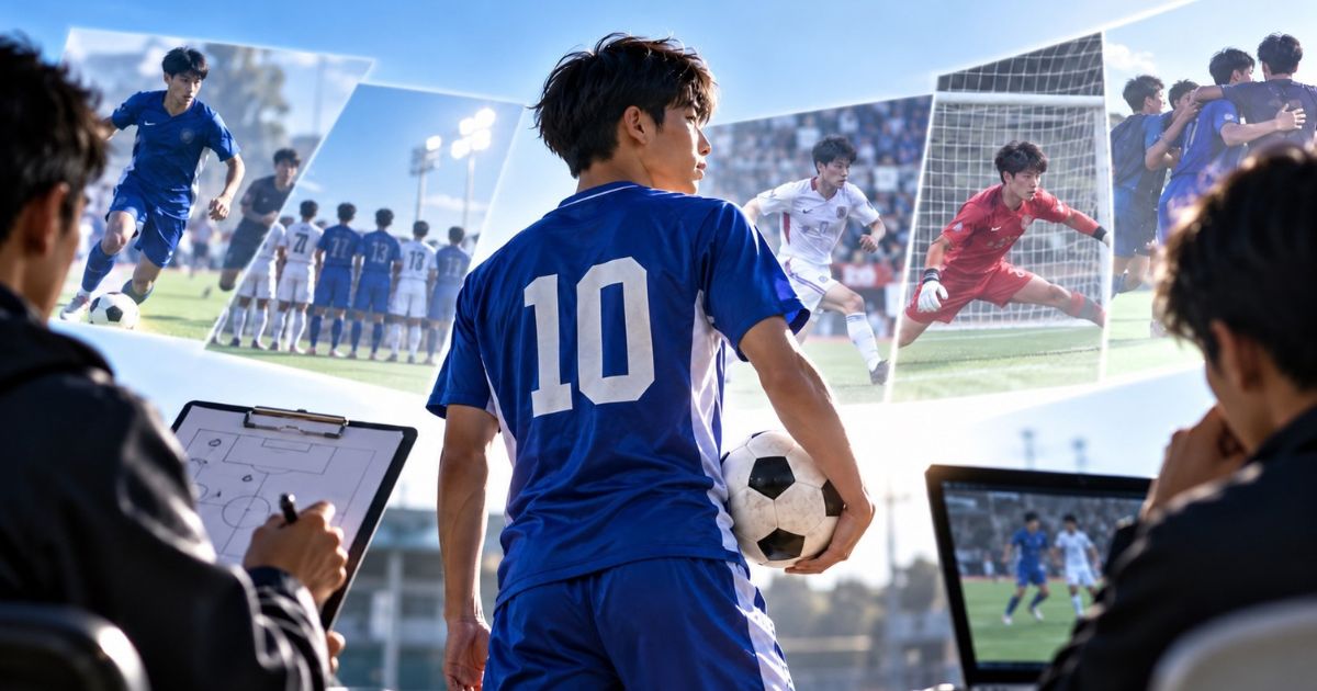 背番号10の高校サッカー選手を、試合映像や戦術ボードを見ながら評価するイメージ