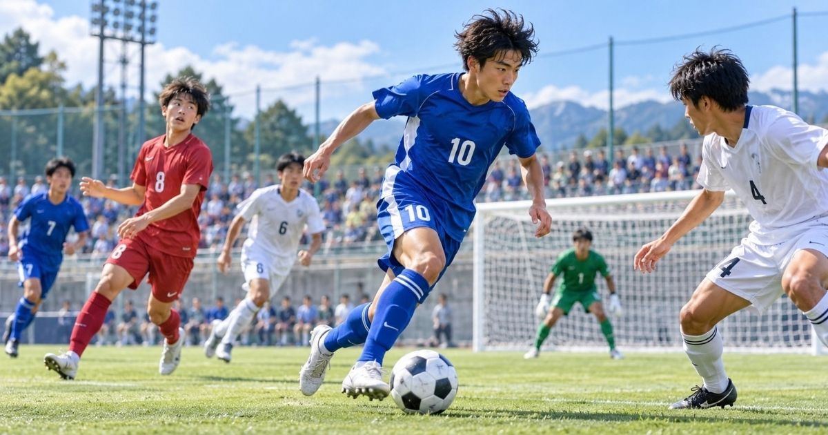 高校サッカーの試合で、青いユニフォームの選手がゴール前でドリブルし、相手DFやGKと対峙するプレーシーン