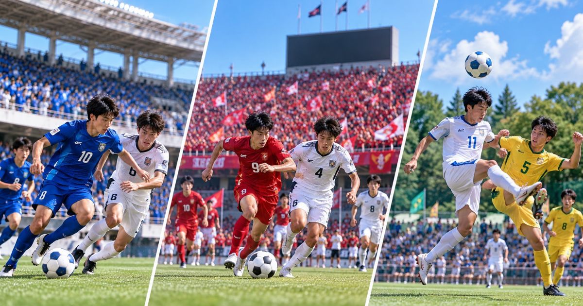 高校サッカーのプレミアリーグ・全国高校サッカー選手権・インターハイの違いをイメージした画像。青と白、赤と白、白と黄色のユニフォームを着た選手たちが、それぞれの試合でボールを競り合う3つの場面を並べている。