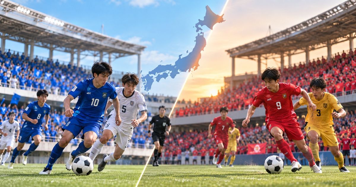 高校サッカーのプレミアリーグEAST・WESTをイメージした画像。日本地図を背景に、左側では青と白、右側では赤と黄色のユニフォームを着た選手がボールを競り合い、東西それぞれの試合風景を表現している。