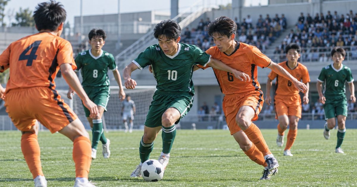 高校サッカーの試合で、緑色のユニフォームの10番とオレンジ色の6番がボールを奪い合う場面。観客が見守るスタジアムで、高校年代の選手たちが激しく競り合っている。