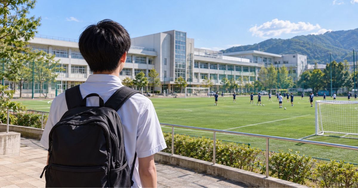 高校サッカーの進路を検討する中学3年生が、校舎と芝生の専用グラウンドを見学する後ろ姿。リュックを背負い、サッカー部の選手たちが練習する様子を見つめている。