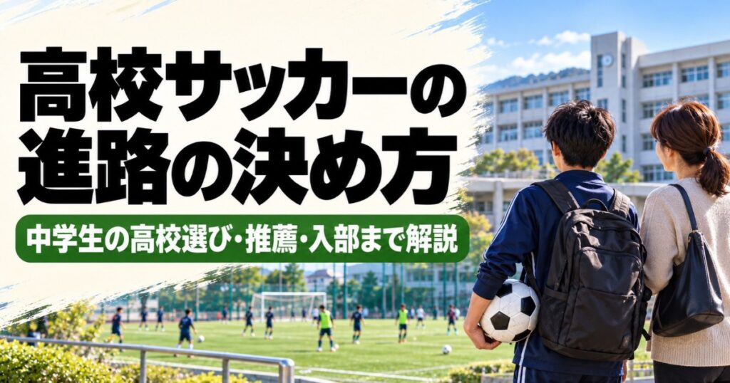 高校サッカーの進路の決め方を解説するアイキャッチ画像。中学生のサッカー少年と母親が、高校の校舎と芝生のグラウンドで練習する選手たちを見学し、高校選び・推薦・入部について紹介している。