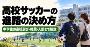 高校サッカーの進路の決め方を解説するアイキャッチ画像。中学生のサッカー少年と母親が、高校の校舎と芝生のグラウンドで練習する選手たちを見学し、高校選び・推薦・入部について紹介している。