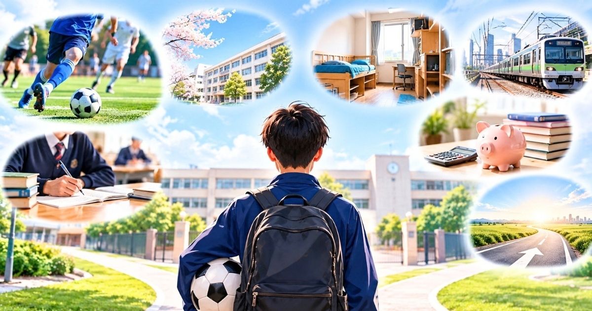 サッカーボールを持つ中学生が高校を見つめ、競技・学業・通学・寮・費用・将来の進路を考える高校サッカーの進路選びイメージ