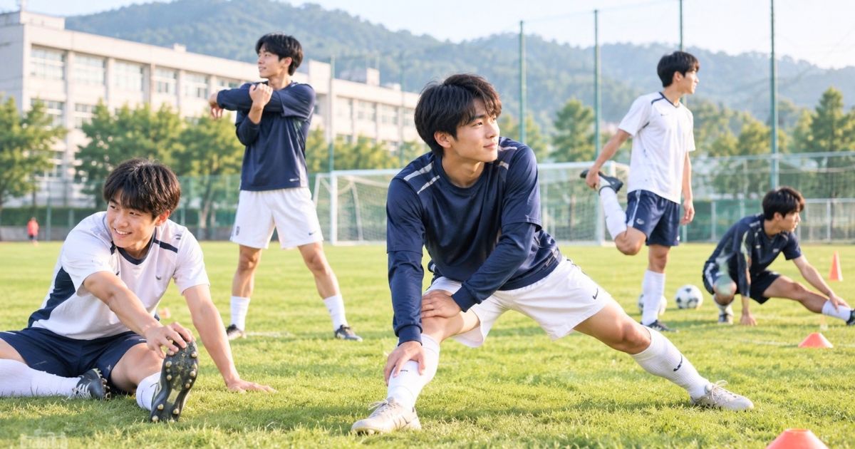高校サッカー部の選手たちが芝生のグラウンドで練習前にリラックスしてストレッチする様子