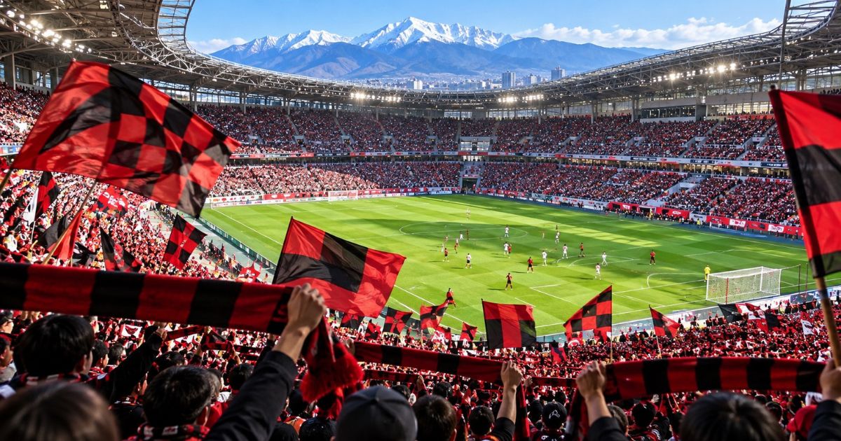北海道の雪山を背景にしたサッカースタジアムで、赤黒の旗やマフラーを掲げて応援するサポーターたち。北海道コンサドーレ札幌の試合をイメージした画像。