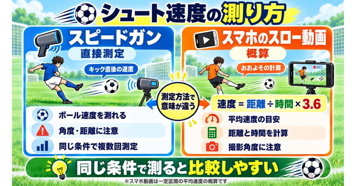 サッカーのシュート速度の測り方を比較した図解。スピードガンはボール速度を直接測定し、スマホのスロー動画は距離÷時間×3.6で平均速度を概算する方法で、それぞれの違いと注意点をまとめている。