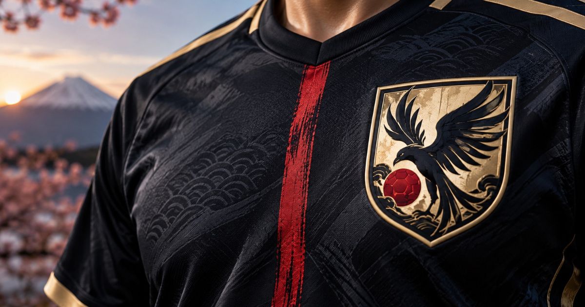 黒と金のサッカーユニフォームの胸元に、赤いボールと黒い鳥を描いたエンブレム風のデザイン。中央の赤いラインとともに、日本代表エンブレムの配色や意味をイメージした画像。