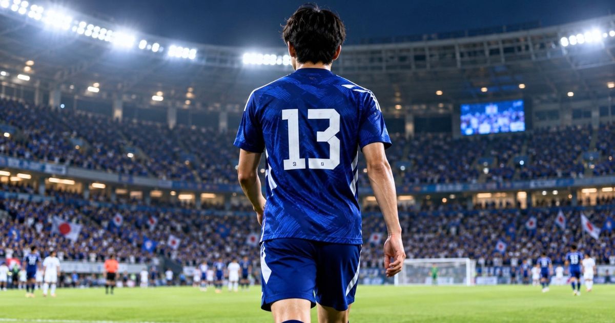 背番号13の日本代表風ユニフォームを着た選手の後ろ姿と満員のサッカースタジアム