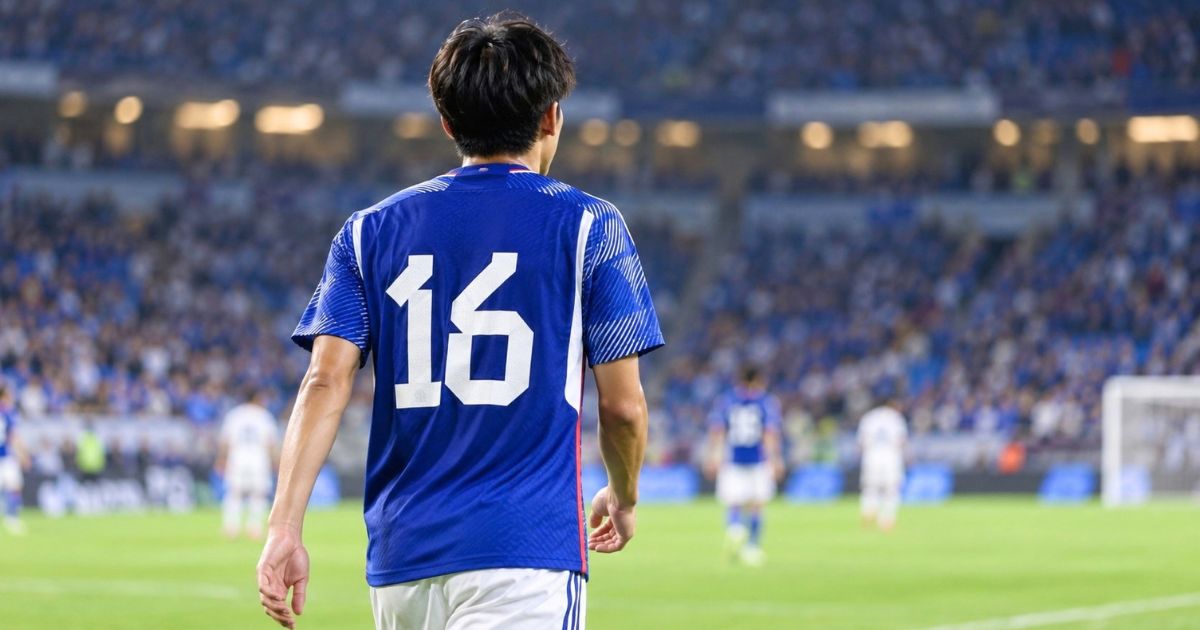 背番号16の青いユニフォームを着た日本代表をイメージしたサッカー選手が、試合中のピッチに立つ後ろ姿