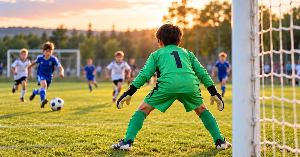 背番号1を付けた日本人の少年ゴールキーパーが、ゴール前で相手のシュートに備える試合シーン