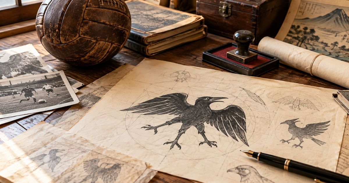 日本サッカー協会(JFA)が八咫烏をシンボルに採用した歴史をイメージした画像。古い木製机に三本足のカラスのデザイン画、昔のサッカー写真、革製ボールや資料が並ぶ。