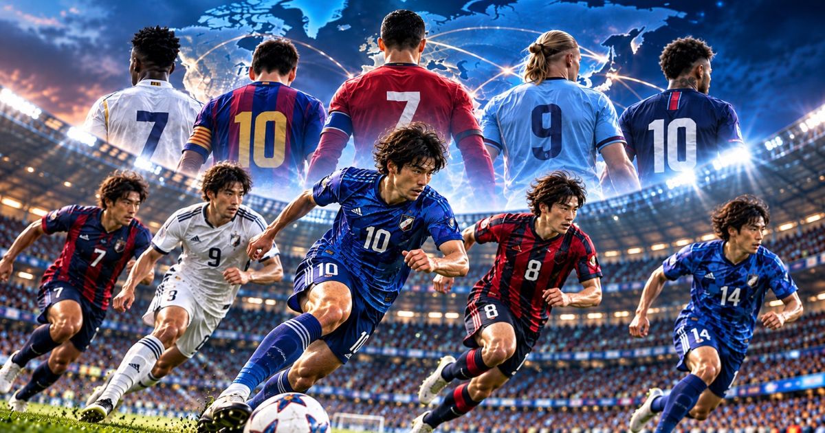 日本のJリーグクラブと世界の強豪サッカークラブをイメージした画像。上部には背番号入りユニフォームを着た世界の有名選手が後ろ向きに並び、下部では日本人選手たちがスタジアムで躍動している。