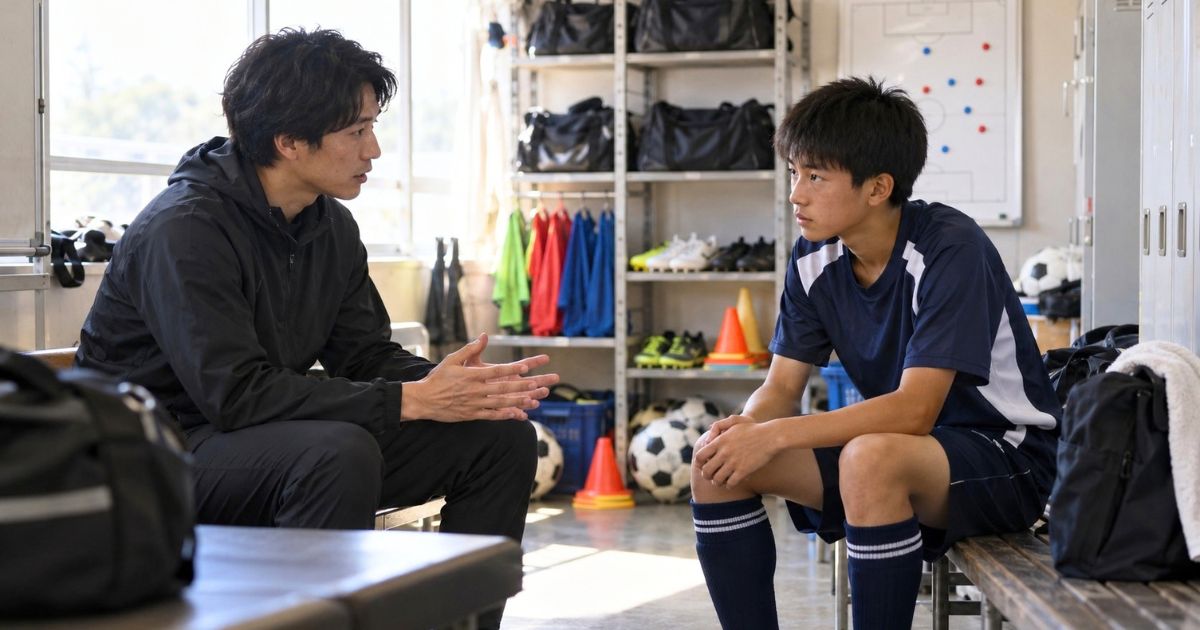 進学やサッカー部への入部について指導者と話す中学生のイメージ