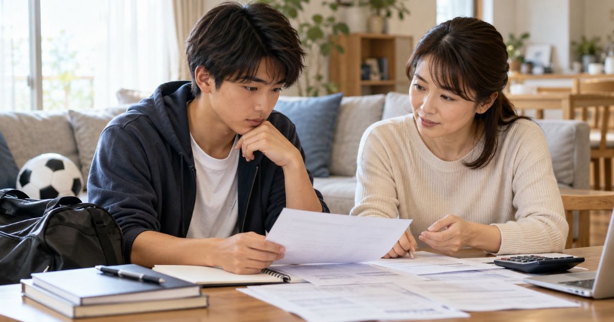 甲南大学サッカー部への入部を希望する男子高校生が、自宅のリビングで母親と資料を確認しながら、部費・入部金・ウェア代などの費用について相談している様子。