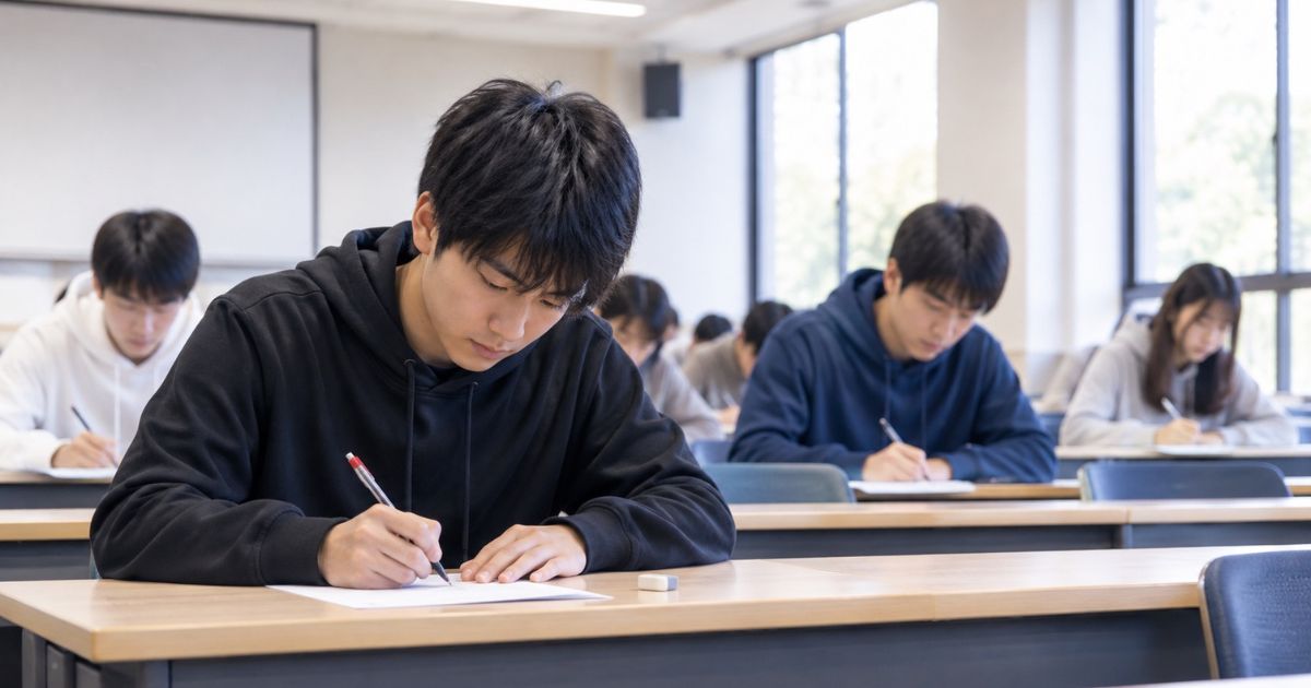 甲南大学サッカー部への入部を目指す高校生をイメージした写真。大学の講義室で、男子受験生が一般入試の筆記試験に取り組んでいる様子。