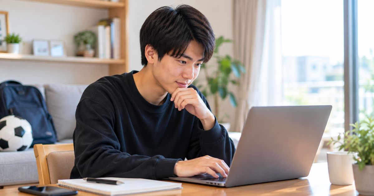 甲南大学サッカー部への入部を希望する高校生をイメージした写真。自宅のリビングで、男子高校生がノートパソコンを使ってサッカー部への入部方法や問い合わせ先を確認している様子。