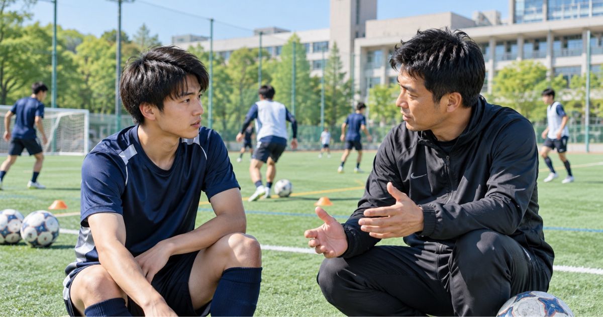 甲南大学サッカー部への入部をイメージした写真。大学のサッカーグラウンドで、練習中の男子学生がコーチから説明を受けている様子。