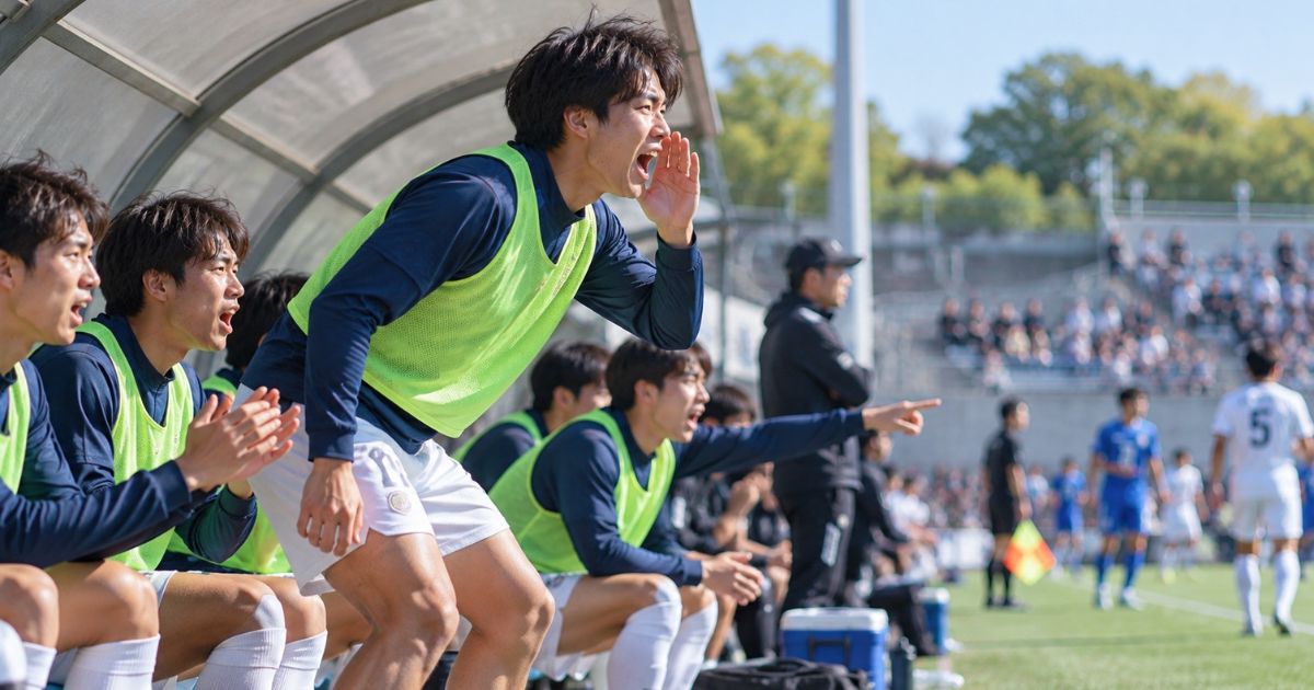 甲南大学サッカー部の関西学生サッカーリーグ公式戦をイメージした写真。紺色のユニフォームと緑色のビブスを着た控え選手たちが、ベンチから声を出して仲間を応援する様子。
